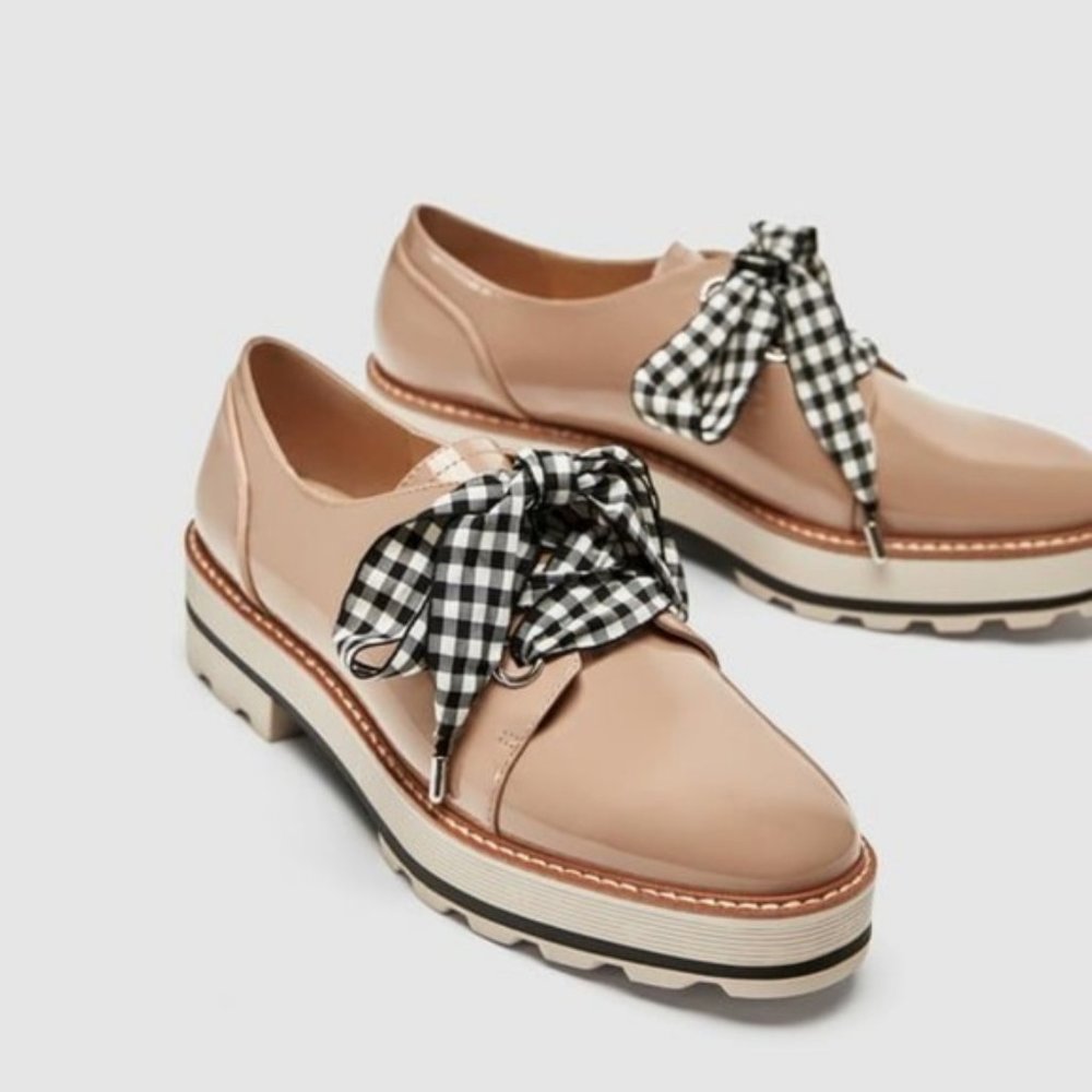 Zara Patent Leather Derby Shoes w/gingham laces
